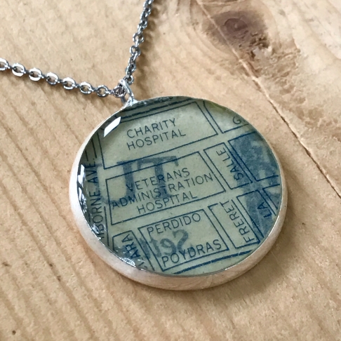 Charity Hospital Map Necklace by Emily McDonald | Silver plated copper, epoxy resin, vintage map, stainless steel chain Charity Hospital Map Necklace